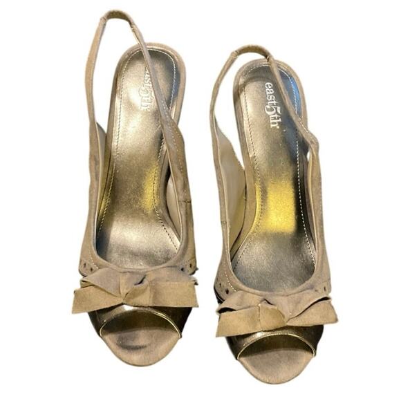 East 5th Women’s Slingback Heels Size 6.5 Bown Suede Peep Toe 3” Bow Pumps - Picture 1 of 7